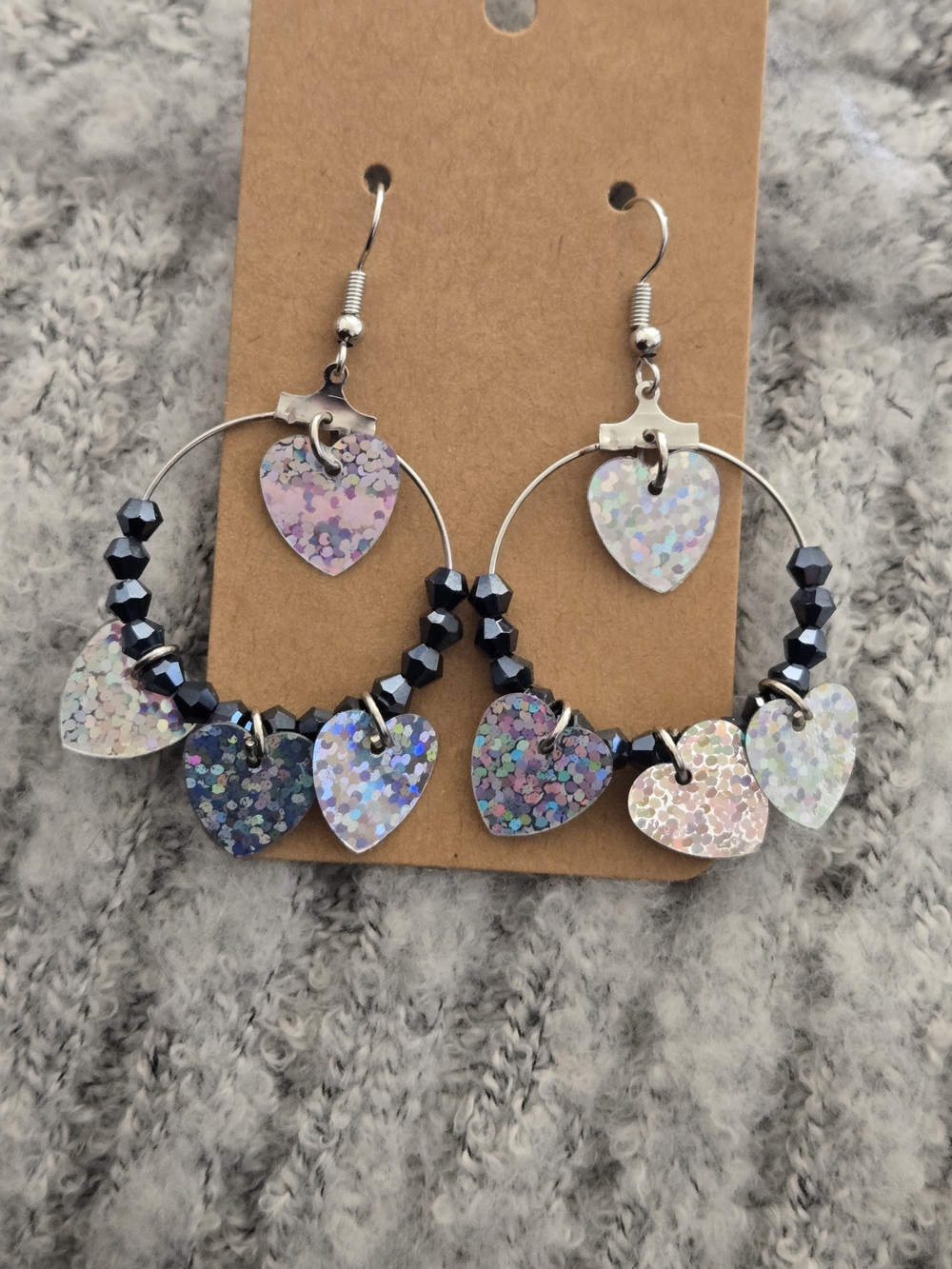 Iridescent Heart Hoop Earrings with Black Beads - Holographic Multi-Color